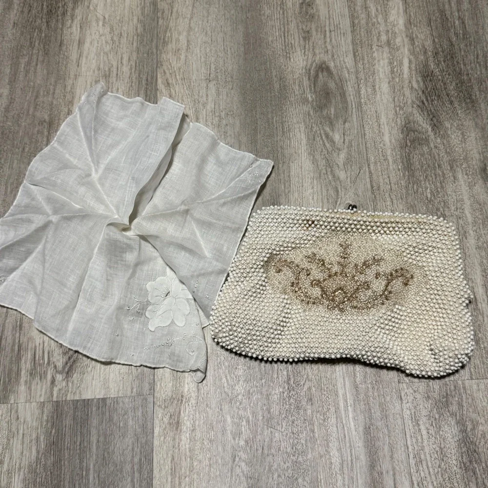 Vintage Beaded Clutch Handbag‎ & Embroidered Hanky Set Evening Bag Formal Acc